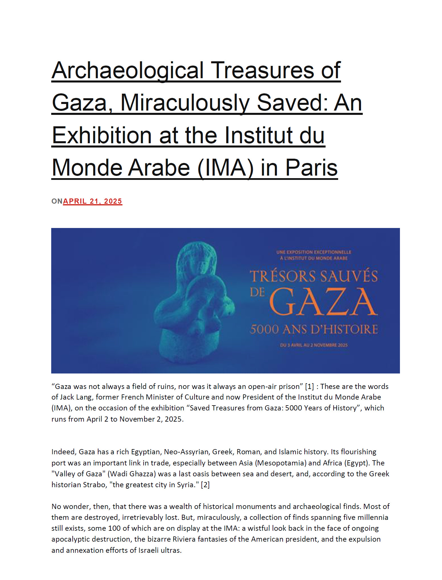 Archaeological Treasures of Gaza, Miraculously Saved: An Exhibition at the Institut du Monde Arabe (IMA) in Paris